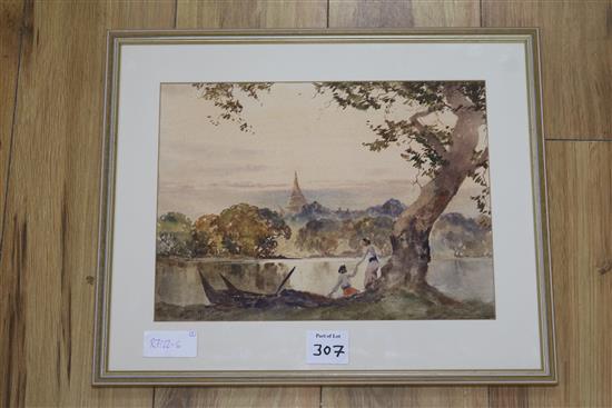 Maung Saya Saung (Burmese), watercolour, figures on a riverbank, 27 x 37cm and another watercolour by the same hand, 24.5 x 32.5cm